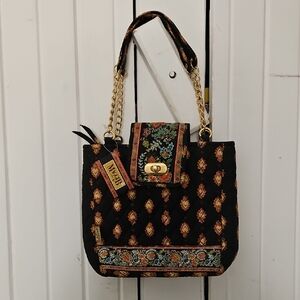 MaggiB Black Embroidered Shoulder Bag with Gold Chain Handles